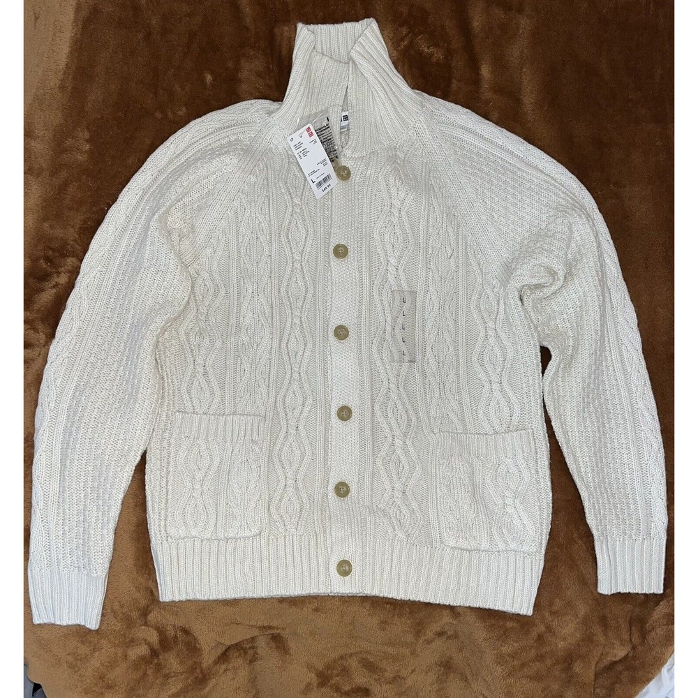 Uniqlo Men’s L White Ivory Wool Blend Cable Knit Long Sleeve Cardigan Sweater